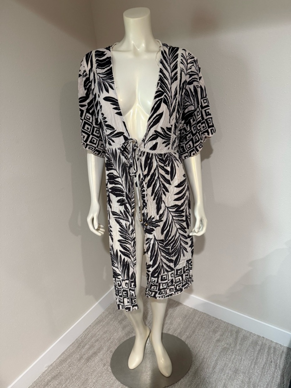 Angie Black & White Leaf and Geo Print Swim Coverup